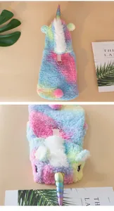 Detailed close-up of rainbow sherpa unicorn pet costume with a metal leash attachment ring