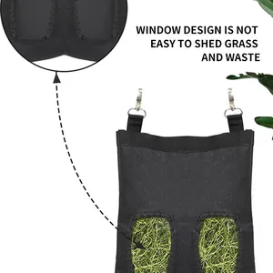 Large capacity black hay feeder bag with double window design for rabbits and hamsters