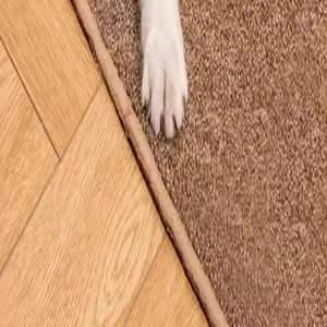 Detailed view of a durable woven cat scratching mat on wooden floor featuring a cat paw