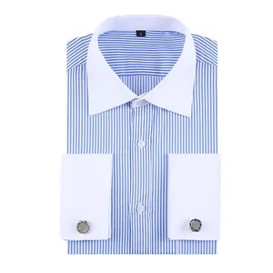 Premium men's blue striped French formal shirt with white spread collar details