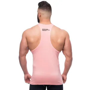 Detailed back view of a pink men's bodybuilding racerback tank top for gym training
