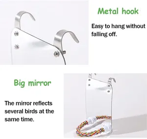 Large acrylic bird mirror for cages featuring sturdy metal hooks and rope perch