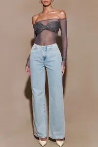 Sexy sheer long sleeve off-the-shoulder cropped top with rhinestone bust detail