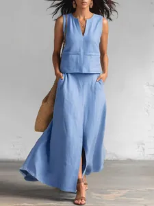 Full view of light blue sleeveless cotton linen V-neck top and long skirt set