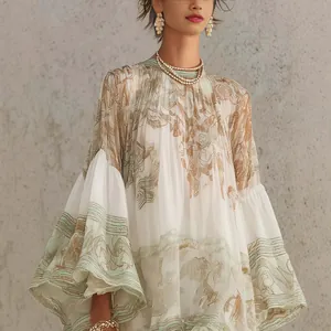 Elegant bohemian white printed ruffled dress with flared bell sleeves for vacation