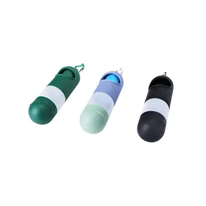Detail showing three color variants of portable capsule-shaped pet waste bag dispensers