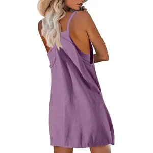 Back view of a women's casual purple sleeveless sundress with thin spaghetti straps for summer