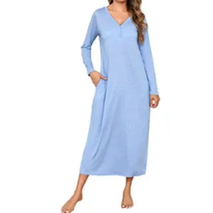 Comfortable light blue long sleeve V-neck maxi nightgown lounge dress with side pockets
