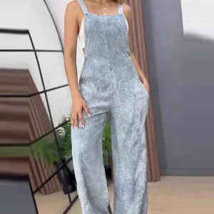 Casual women's light wash denim overalls with wide leg design and adjustable straps