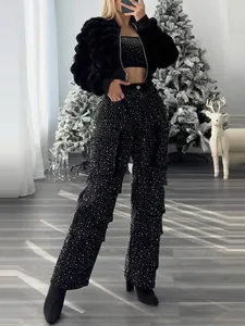Stylish black high-waisted wide-leg trousers with all-over rhinestone embellishments