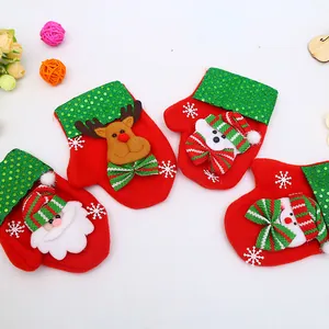 Christmas Glove Shaped Cutlery Holder Fabric Felt Sequin Santa Reindeer Bear Snowflake Pattern Holiday Table Candy Bag Decor