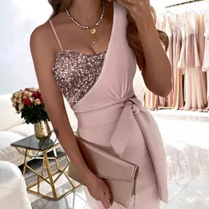 Elegant pink one-shoulder sequin evening dress for cocktail parties and wedding events
