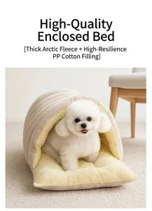 Cozy semi-enclosed pet bed featuring a white dog sitting inside soft plush lining