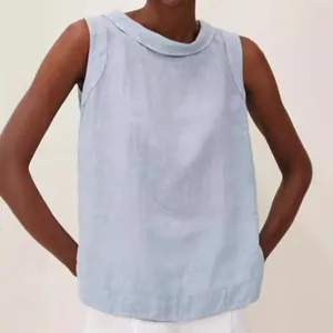 Elegant European style sleeveless light blue cotton linen top with a round neckline