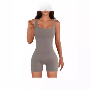Gray square neck sleeveless slim fit one-piece yoga romper shorts for active women