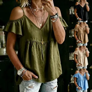 Displaying various color options for women's casual V-neck cold-shoulder ruffle sleeve top