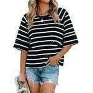 Women's loose black and white striped T-shirt with round neck and flared sleeves