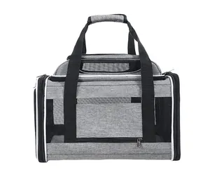 Portable gray oxford cloth pet carrier bag with breathable mesh windows for travel