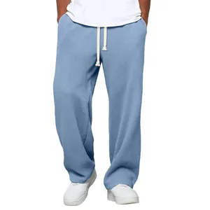 Pantalon de détente pour homme en maille gaufrée bleu clair avec taille à cordon