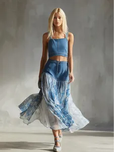 Retro vacation style denim patchwork blue printed chiffon midi skirt for stylish women