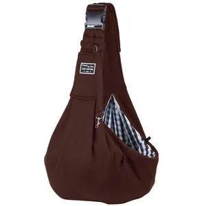Breathable brown pet sling carrier with checkered lining for small dogs and cats