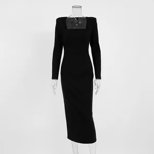 Elegant French style square neck long sleeve little black midi dress for autumn