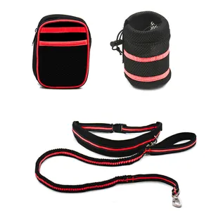Detail view of reflective hands-free dog leash set with bungee lead and waist pouches