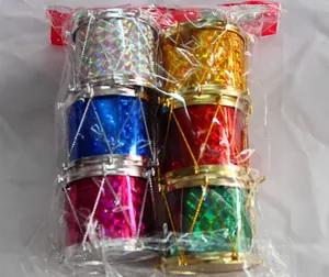 Set of colorful 2.5cm mini drum Christmas ornaments in clear plastic packaging.