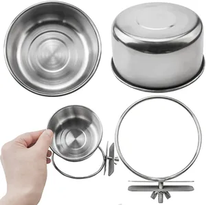Detailed views of stainless steel parrot food bowl with mounting bracket and wing nut