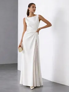 Elegant Sleeveless Split Maxi Dress For Women Solid Color Polyester Splicing Slim Fit Evening Party White Gown