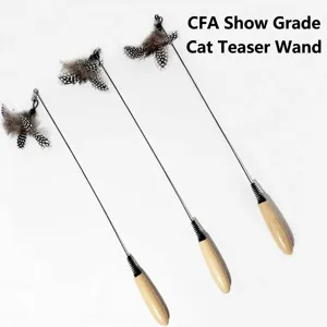Durable cat teaser wands with natural feathers, bells, and wooden handles for interactive play