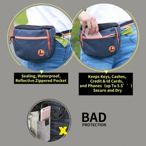 Detail view of waterproof dog treat waist bag with phone storage and trash bag dispenser.