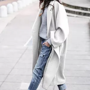 Elegant long light grey wool blend coat for women autumn winter casual street style look
