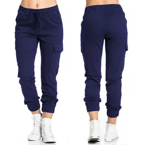 Detailed front and back view of women's navy blue cargo joggers with drawstring waist