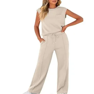 Women's two-piece lounge set featuring a sleeveless pocket top and wide-leg trousers