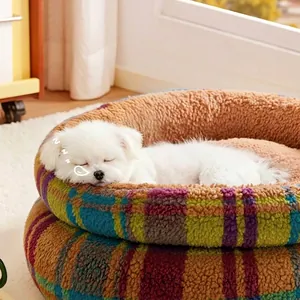 Cozy colorful plaid round plush pet bed with a soft raised bolster for dogs and cats