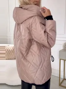Women's casual hooded quilted puffer jacket in a solid stylish rose gold color