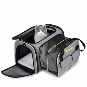Detail view of grey expandable pet carrier showing side mesh and soft fleece mat