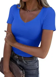Elegant blue ribbed V-neck short sleeve fitted T-shirt for women casual fashion wear