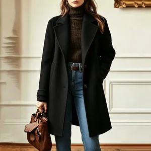 Detailed styling of a black mid-length wool coat with lapel collar and autumn accessories