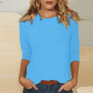 Women's bright blue crew neck T-shirt with 3/4 sleeves for casual wear