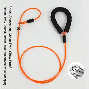 Macro view of multi-strand steel wire core inside a durable orange PVC coated dog leash