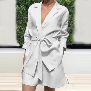 Elegant white linen-blend blazer and shorts two-piece set for women stylish summer