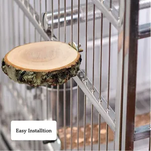 Easy installation of natural pine wood bird perch platform on a metal bird cage