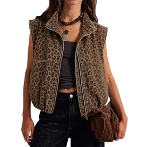 Womens stylish leopard print washed denim vest with front zipper and stand collar