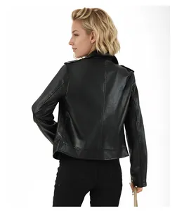 Detailed back view of a stylish black faux leather biker jacket for women in autumn