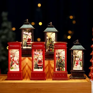 Christmas LED Glowing Telephone Booth Ornament Santa Claus Snowman Retro Wind Lamp Desktop Decoration Bar Holiday Gift