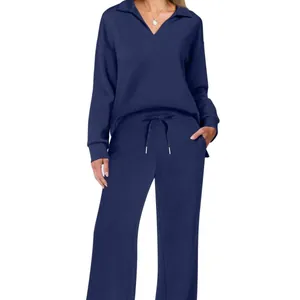 Elegant navy blue long sleeve lounge set with polo collar and drawstring wide leg pants
