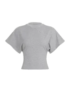 Minimalist gray cropped T-shirt with round neck and short sleeves for women's casual wear.