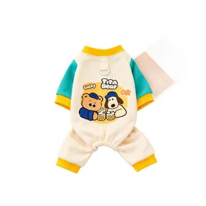 Pet dog four-legged pajamas jumpsuit with D-ring leash attachment and cartoon print